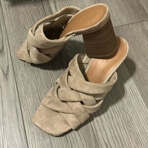 Suede tan woven heeled sandals